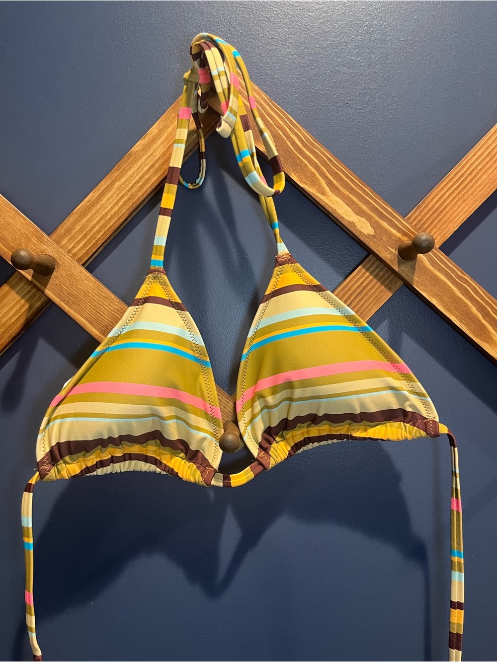 aerie Striped Triangle Bikini Top in Mustard Yellow with Pink and Blue Accents